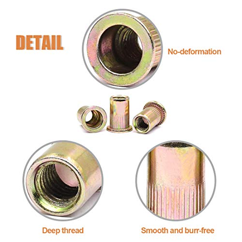Keadic 380Pcs Metric Zinc Plated Carbon Steel Aluminum Rivet Nut Assortment Kit, M3 M4 M5 M6 M8 M10 M12 Flat Head Threaded Insert Nutserts for Automotive for Automotive, Furniture, Decoration