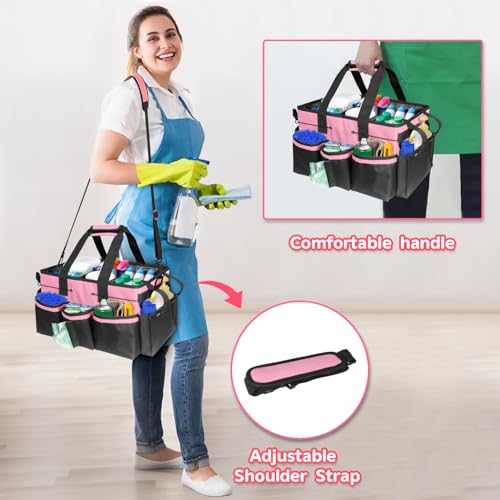 Cleaning Caddy Tote with Removable Dividers - 17.8x12.2x9.3in Waterproof Tool Organizer Bag with Handles & Adjustable Shoulder Strap for Housekeepers, Cleaners & Car Detailing Supplies (Pink) pink