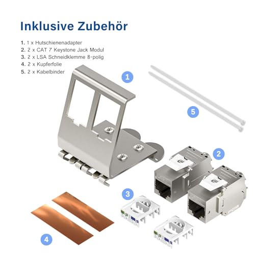 FGB 10Gbps 2x CAT 7 Keystone Jack Module with 1x 2-Port DIN Rail Adapter | Tool-free LSA - metal STP shielding RJ45 socket snap-in mounting for 35 mm DIN rails - Ethernet LAN network switch 2 port-2x keystone + 1x holder