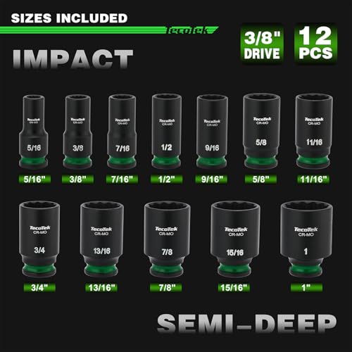 TecoTek 3/8-Inch Drive 12-Point SAE Semi-Deep Impact Socket Set, Mid-Length Socket Set, 5/16-Inch to 1-Inch, CR-MO, Stamped and Ink Filled Size Marking, 12-Piece
