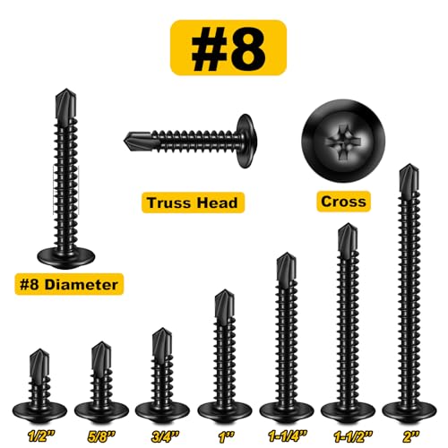 Mywish 500Pcs #8×1-1/2 Inch, Black Self Tapping Screws for Metal, 410 Black Metal Screws Oxide Stainless Steel Truss Head Self Drilling Screw High-Strength #8x1-1/2" (500 pcs)