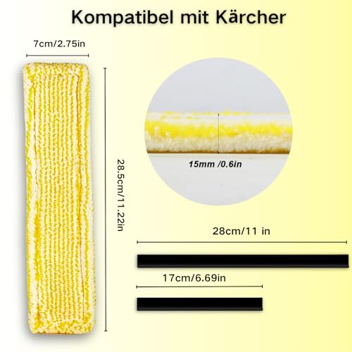 Pack of 5 Replacement Parts Compatible with Kärcher Window Vacuum: 3 Pieces Replacement Pads Microfibre Mop Covers and 2 Pieces Rubber Blades with High Cleaning Performance, Replacement Accessories 3 Yellow Y 2 Black