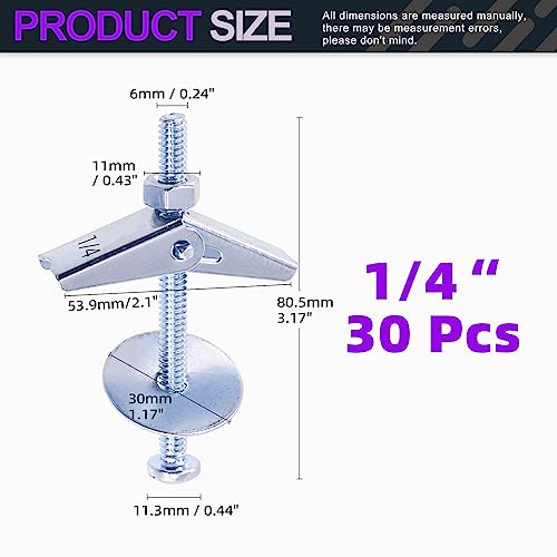 Swpeet 120Pcs 30 Set 1/4 Inch Toggle Bolts and Wing Nut Kit with Hex Nuts, Washers, Toggle Bolt Assortment Kit, Butterfly Toggle Anchors for Hanging Heavy Items on Drywall