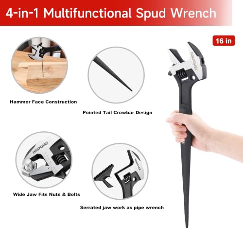 MAXPOWER 16" 4-in-1 & 10" Construction Spud Wrench Set, Tether Hole, Cr-V 10"+16"