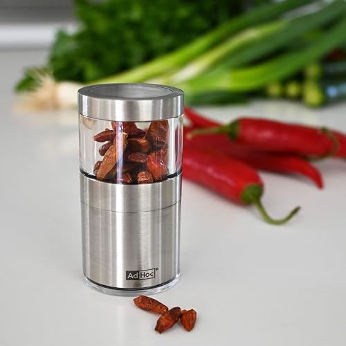 AdHoc Voyage Mini Chilli Cutter/Spice Cutter | Stainless Steel/Acrylic | PreciseCut Technology, Compact Spice Mill | (H) 75 mm x (D) 38 mm | Clear/Silver