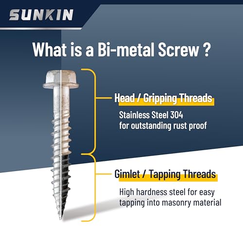 SUNKIN 60PCS Concrete Screws, Bi-Metal Stainless Steel 304, #14 x 1-5/8" Hex Head, Hardened Tip, for Masonry & Concrete, Outstanding Rustproof #14 x 1-5/8 inch