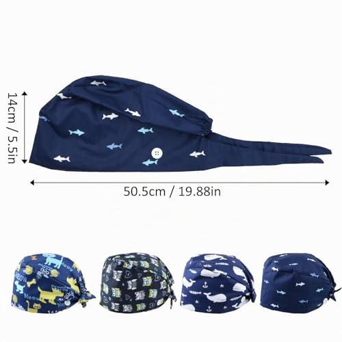 Amexo Pack of 4 Surgical Caps, Cotton Exfoliating Hat with Sweatband and Buttons, Surgical Hat, Dust Cap, Adjustable Bandana Cap, Chef's Hat for Men and Women blue