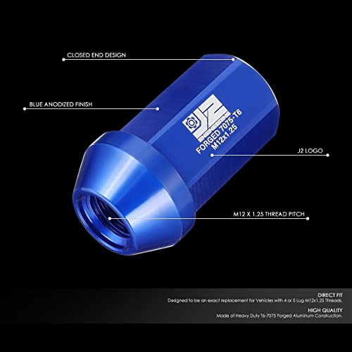 J2 Engineering J2-LN-T7-038-125-BL M12 x 1.25 T6-7075 Aluminum 42mm Closed End Lug Nuts w/Deep Drive Extension Adapter,Blue, 25mm x 42mm