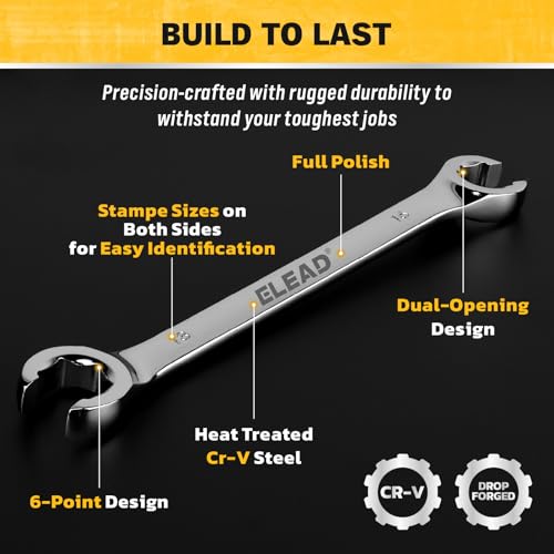 ELEAD 14-Piece Flare Nut Wrench Set with PTFE Tape, Metric & SAE 1/4"-7/8"& 6-21mm, Brake Line Wrench Set Double Open End with Organizer Pouch for Repairing and Removing Nuts Silver