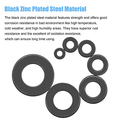 DYWISHKEY 820Pieces 7 Sizes Black Zinc Plated Steel Flat Washers Assortment Kit (M3 M4 M5 M6 M8 M10 M12)