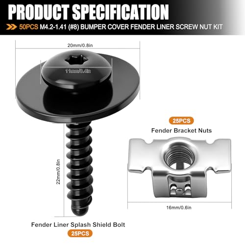 mankk 50PCS M4.2-1.41 (#8) Fender Liner Splash Shield Bolt Screw and Clips and M6-1.0 Fender Liner Screw and U-Nut Clips Kit