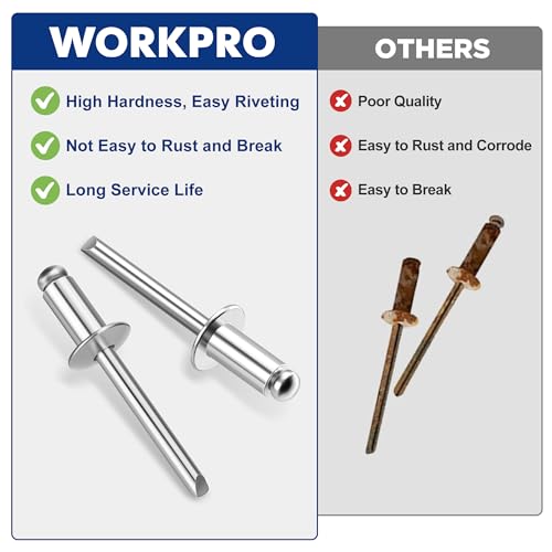WORKPRO 200Pcs Aluminum Blind Rivets, 1/4" x 1/2" Pop Rivets Assortment 1/4" x 1/2"