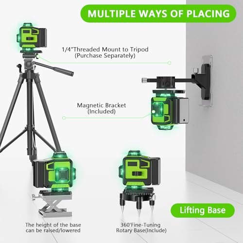 16 Line Laser Level 360 Self Leveling, 4x360°Professional 4D Green Cross Line laser Level with 2 Batteries & Remote Control, for Tiling Floor Construction and Picture Hanging