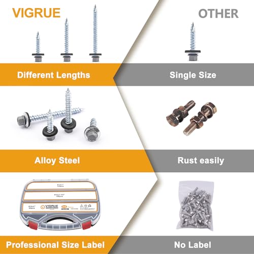 VIGRUE 300PCS Metal Roofing Screws #10x1#10x1-1/2#10x2, Galvanized Hex Head Sheet Metal Roof Screw, Self Starting Metal to Wood Siding Screws EPDM Washer
