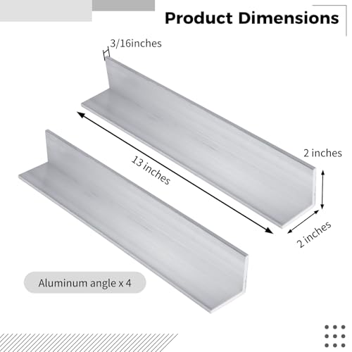 13 Inch Aluminum Angle 2x2 Inch, 2" Wide x 3/16" Thick 6063 Alloy 90 Degree Angled Aluminum Extrusion, T5-Temper Aluminums Angle for Construction, No Inside Corner Radius (4) 4