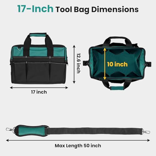 FamilyKit 17-Inch Heavy Duty Tool Bag for Men with 28 Multipurpose Pockets Black-Green Tool Bag
