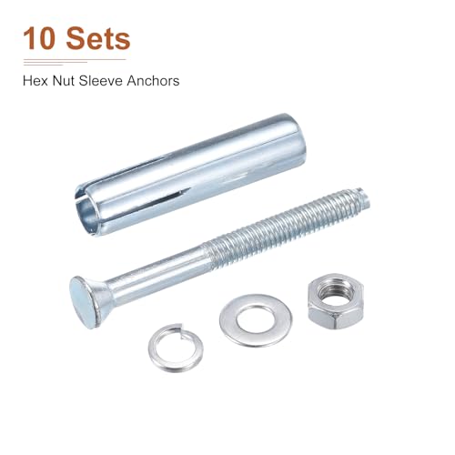 DTGN 1/2" x 4" Hex Nut Sleeve Anchors - 10Pack - Good for Concrete Dry Brick Block Walls - Carbon Steel - Silver 10 1/2" x 4"