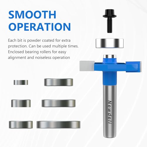Newdeli 6Pcs Rabbeting Router Bit (1/8",1/4",3/8", 1/2") and Tongue and Groove Router Bit Set with 6 Bearings Set (1/2", 5/8", 3/4", 7/8", 1", 1-1/8" Bearings) - 1/4 inch Shank