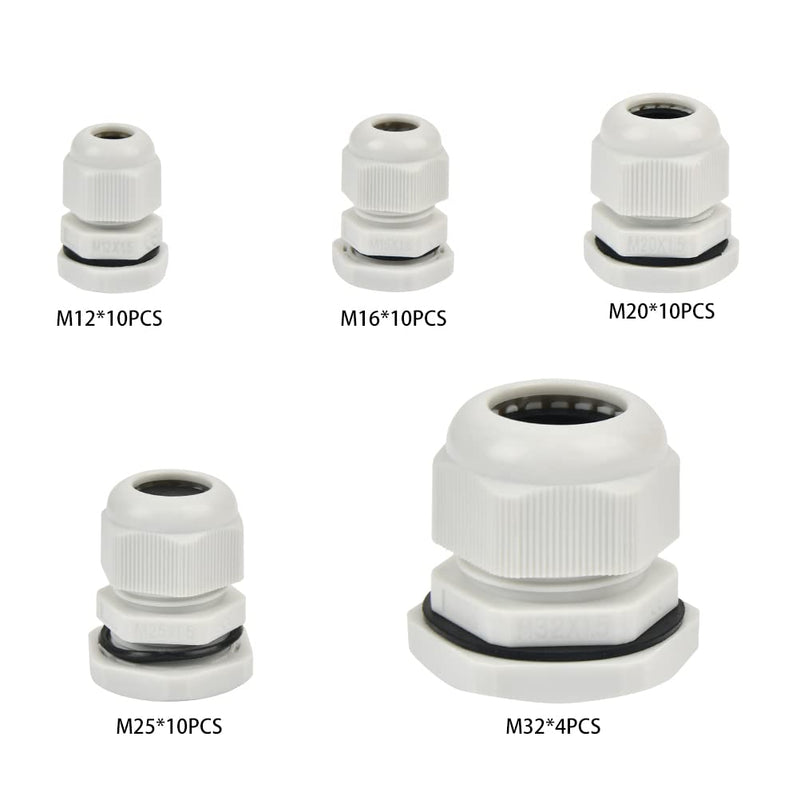 DODUOS 44 piece cable gland set IP68 waterproof closure cable gland, adjustable cable gland M12, M16, M20, M25, M32 - nylon plastic, white