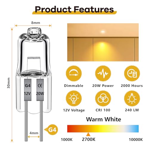 Morotty G4 Halogen Light Bulb 20W 12V 2700K Warm White Pack of 12 | 240 lm halogen lamp, up to 300 °C, dimmable, for cooker hoods, ovens, microwaves 20 Watt