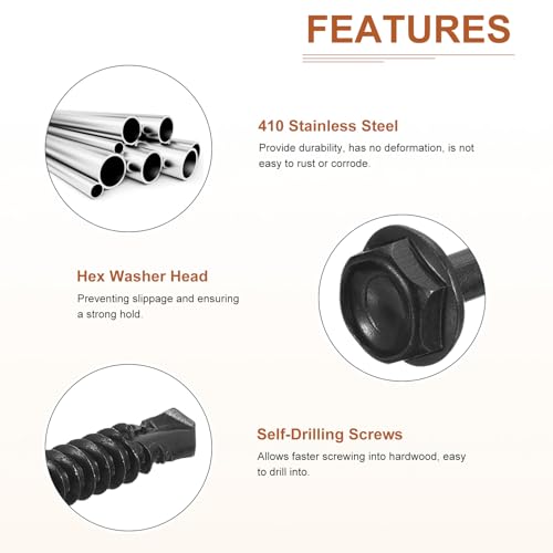 DTGN #12x5 Hex Washer Head Self Drilling Screws - 100Pack - Good for Machine - 410 Stainless Steel Black Oxide - Self Tapping Sheet Metal Screws #12x5" 100