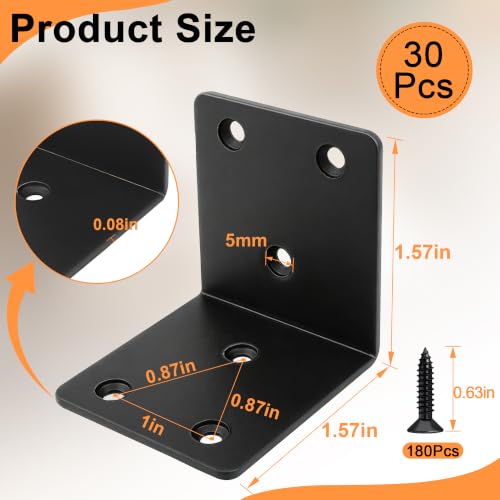 30 Pack Angle Brackets, 1.5" x 1.5" Black Heavy Duty Stainless Steel Corner Brace, L Shaped Shelf Bracket 90 Degree Corner Bracket for Wood Furniture Cabinets Shelves 1.5" x 1.5"