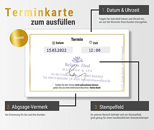 200 x appointment notes, gold, with high-quality gold foil embossing, 1 appointment on an appointment sheet, practice, business card format, landscape format 200
