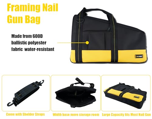 MELOTOUGH Heavy Duty Framing Nail Gun Tool Bag with Extra Storage Pockets Shoulder Strap Fits Hitachi NR83A,Drill Belt Clip,Drill Holder for Tool Belt,Drill Holster,Measuring Tape Holder(Yellow)
