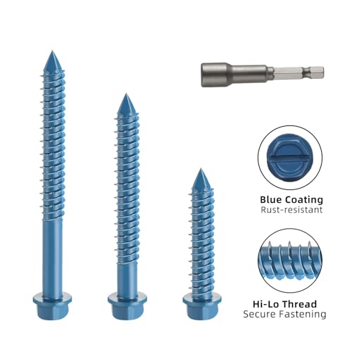 1/4" x 6" Concrete Screws, 50 PCS Blue Hex Washer Head Concrete Screws Anchor Kit with Hex Bit Socket, for Masonry, Cement, Block, Brick or Stucco 1/4 x 6" Blue Hex Head