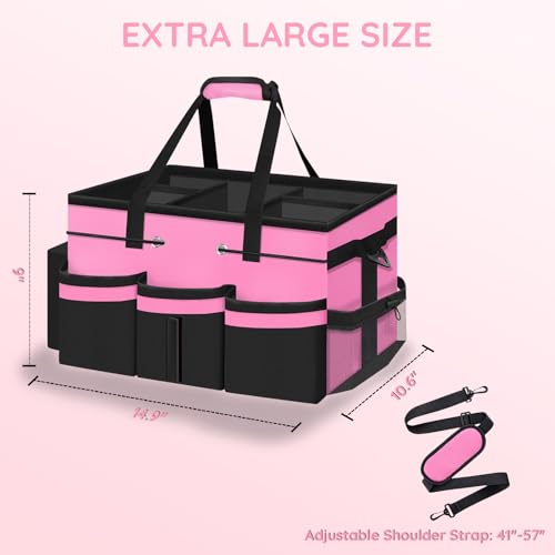 ZKOO Large Cleaning Caddy Bag with Handle, Portable Cleaning Supply Organizer Tote with Sturdy Support Board Adjustable Shoulder Strap, Multi-Compartment Storage for Housekeepers, Maids Cleaners, Pink