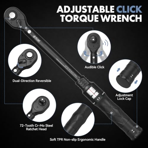 1/2-Inch Drive Click Torque Wrench 20-220 Nm (14.8-162.3 ft-lb) ±2.5% High Accuracy Precision 72-Tooth Fits Cars, Motorcycles & Bicycles Includes 1/2" Adapter& 5” Extension Rod Black 20-220Nm/14.8-162.3ft-lb