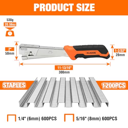 Compact Hammer Tacker Stapler Kit, All-Steel with Jam-Resistant Mechanism, with 1200 T50 Staples (1/4 in & 5/16 in) and Work Gloves for House Wrap, Insulation & DIY 1050301