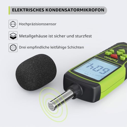 Decibel Meter, Tadeto Sound Level Meter Portable dB Meter 30dB to 130dB (5 Measuring Range) Backlight LCD Display, MAX/MIN, Acoustic and Visual Alarms, Data Hold, A/C Weighted Green