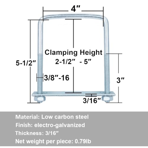 6 PCS 4 Inch Wide Square U-Bolts, 3/8" x 4" x 5-1/2" 3/8" x 4" x 5-1/2"