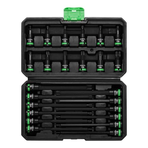 EMENTOL 24PCS 3/8" Drive Impact Torx Bit Socket Set, Extra Long Star Bit Sockets, T10-T60, Cr-V and S2 Alloy Steel Torx Bit T10-T60