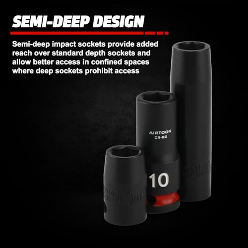 3/8 in. Drive Semi-Deep Impact Sockets Set, Mid-Length Socket Set, Metric, 8 to 22 mm, 14-Piece, CR-MO, Stamped and Ink Filled Size Marking 3/8" Drive 14pcs Mid-Length Socket Set