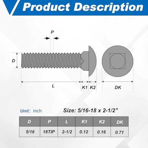Zonon 50 Sets 5/16-18 x 2-1/2" Carriage Bolts and Nuts Kit,Silver 5/16-18 x 2-1/2" Silver