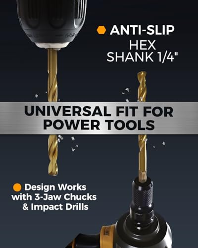 COMOWARE Titanium Impact Drill Bit Set 30Pcs Hex Shank HSS, 1/16"-1/2"