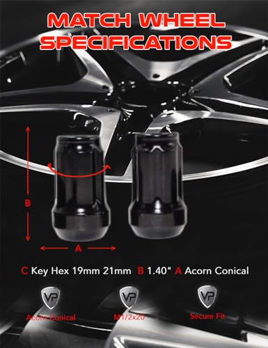 Set of 20 Veritek 1/2x20mm Black 1.4" 35.5mm Spline Drive Conical Seat Tuner Lug Nuts with 19mm 21mm Key for Dodge Ford Jeep Aftermarket Custom Wheels