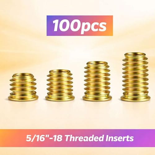 100-Piece 5/16''-18 Threaded Insert Kit with Wrench & Drill Bit – Includes 13mm, 15mm, 20mm & 25mm Inserts for Woodworking | Complete Set for DIY & Professional Use 5/16''-18 inserts