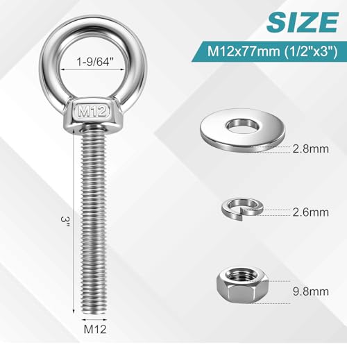 304 Stainless Steel Eye Bolt, M12x77mm (1/2"x3") Heavy Duty Eye Bolts with Nuts Washers, 8 Pack Lifting Ring Eye Bolt for Hanging String Lights Outdoor Tie Down M12x77mm(1/2"x3")