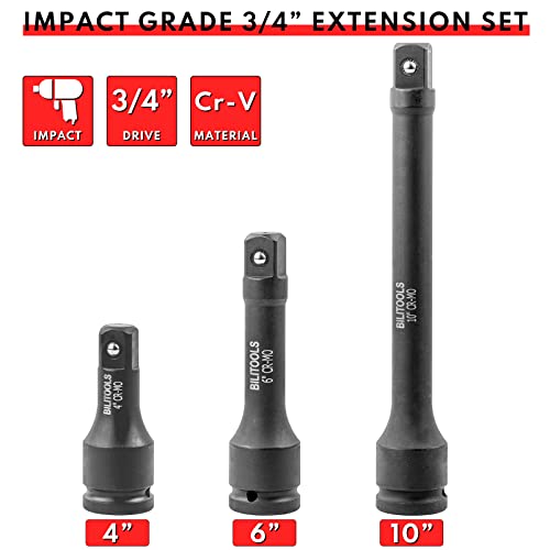 BILITOOLS 3Pcs 3/4" Drive Impact Extension Bar Set, 4" 6" 10", Cr-Mo Steel Impact Extension Set