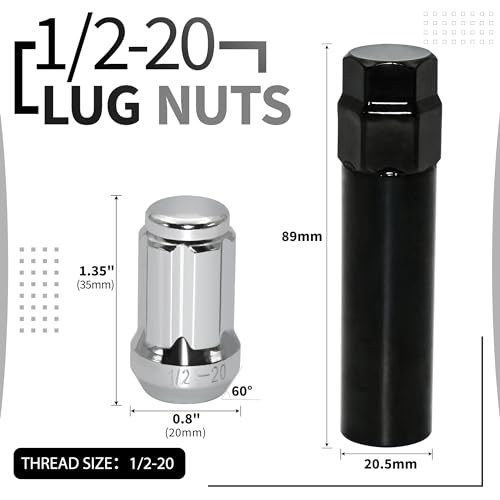 24 PCS 1/2-20 Chrome Lug Nuts, 1.35" Tall Hex Trailer Lug Nuts, 60 Degree Conical Cone Seat with Socket Key, Wheel Lugnuts Compatible with Jeep Cherokee Wrangler Liberty TJ XJ ZJ CJ5 Silver, 24pcs+1 Point Spline M12.7x1.27