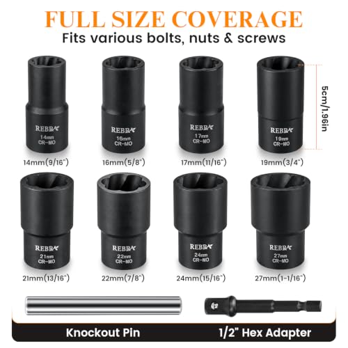 Nut Bolt Extractor Set with Center Punch Bar, bolt extractor kit 1/2-Inch Drive Impact Socket Set for Stripped, Damaged, Rounded-Off, Rusted Nuts & Bolts, 9-Piece Heavy Duty Lug Nut Remover Tool Kit