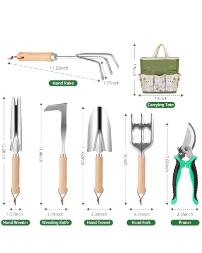 9-Piece Premium Gardening Tool Set for Women - Heavy Duty Stainless Steel Rust-Proof Tools with Fashion Storage Tote | Perfect Gardening Gifts for Mom, Mother's Day, Birthday & Outdoor (Green) green