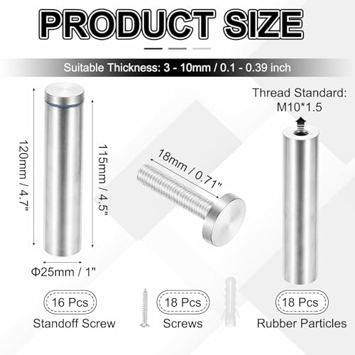 PATIKIL 1x4.7" Standoff Screws, 16 Pack Stainless Steel Stand Off Wall Mounts Wall Sign Mounting Hardware Advertising Standoff Nail for Hanging Acrylic Signs Picture Frame, Silver 1x4.7"
