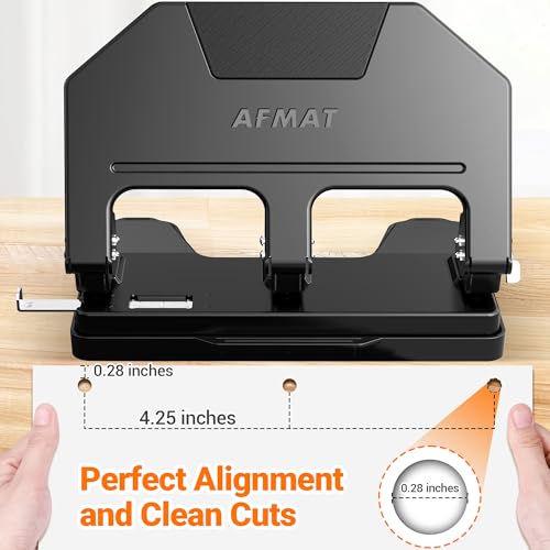 AFMAT 3 Hole Punch Heavy Duty, 9/32" Hole Diameter, 40-Sheet 3 Hole Puncher for Binder, 50% Reduced Effort, Metal Three Hole Punch w/ 10,000+ Uses, Bulit-in S.S. Paper Guide, Large Chip Tray, HPX3 Black 40-Sheet Capacity