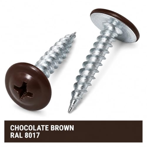 (Pack of 300) Painted 1-21/32" x 3/4" (4.2 x 19 mm) Wood Screws, Self Tapping Metal Screws, Modified Truss Head, Wafer Head, Chocolate Brown RAL 8017 1-21/32" x 3/4" (4.2 x 19 mm)