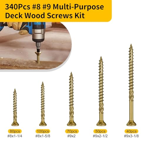 340Pcs Multi-Purpose Wood Deck Screw Kit,#8#9 Bugle Head for Interior and Exterior Use,Star Drive Torx Golden Coated with T15/T25 Bit #8#9 Kit Gold 340