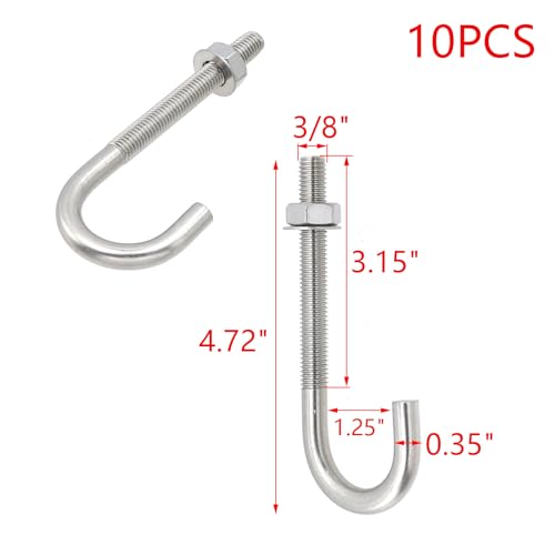 MY MIRONEY 10Sets J Bolt with Nut Washer, 3/8" x 4.72", Type 2